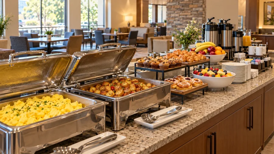 Hot breakfast buffet in a midscale hotel lobby