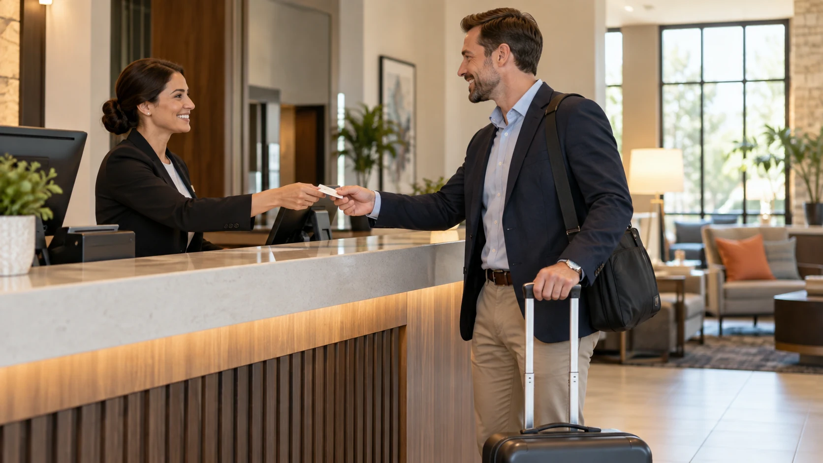 Front desk agent welcoming a business traveler