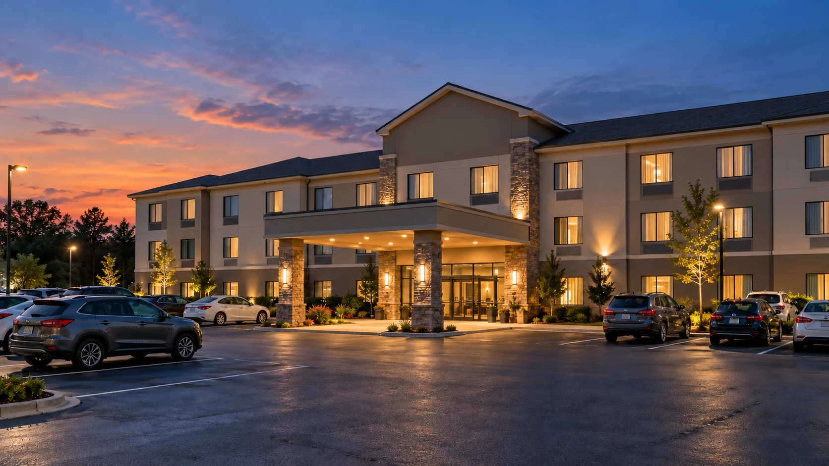 Generic limited-service hotel at dusk with warm entrance lighting and cars in the lot
