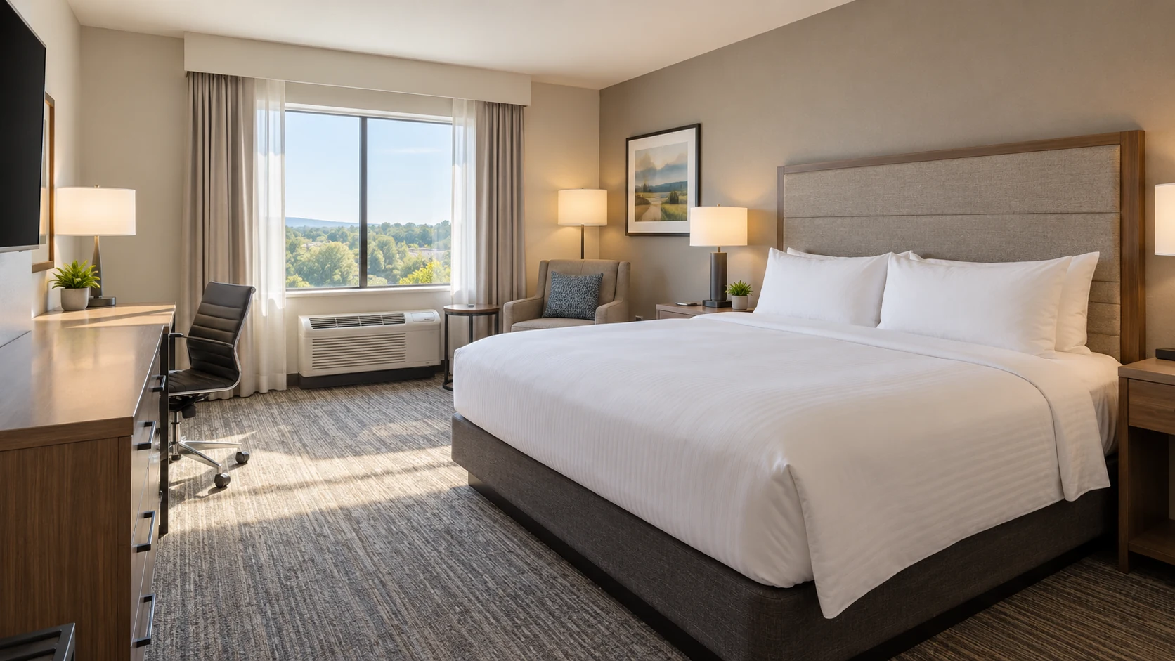 Bright hotel king room with a neatly made bed and morning light