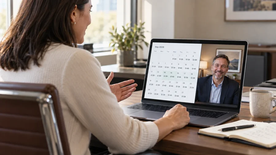 Revenue director discussing a sample rate calendar on a video call with a hotel general manager